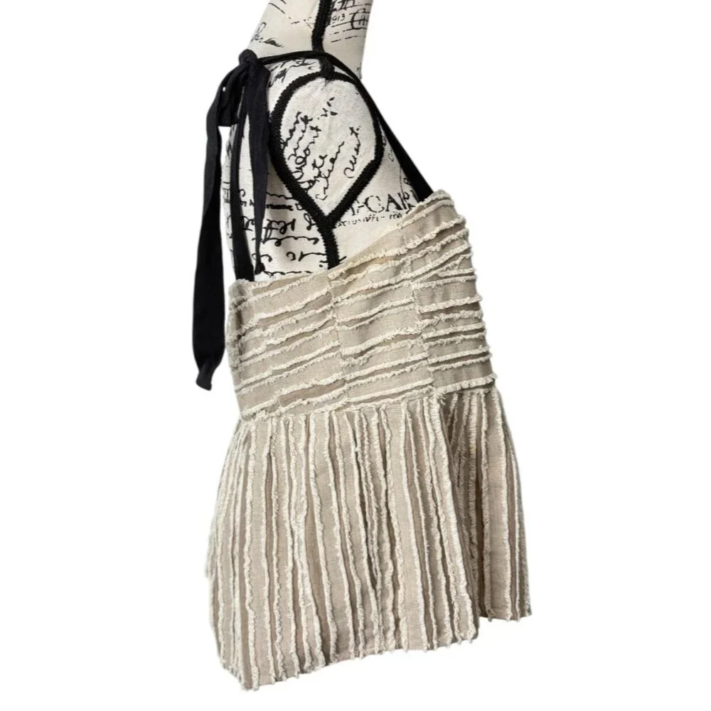 Anthropologie Maeve Soeli Textured Fringe Tank Top Black Ribbon Strap Size M - Picture 3 of 8